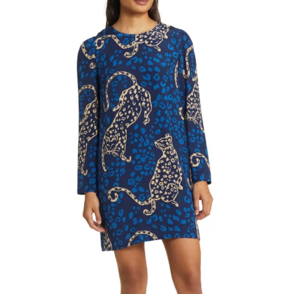 Lilly Pulitzer 100% Silk Tyra Leopard Print Long Puff Sleeve Shift Dress Mini - Picture 2 of 16